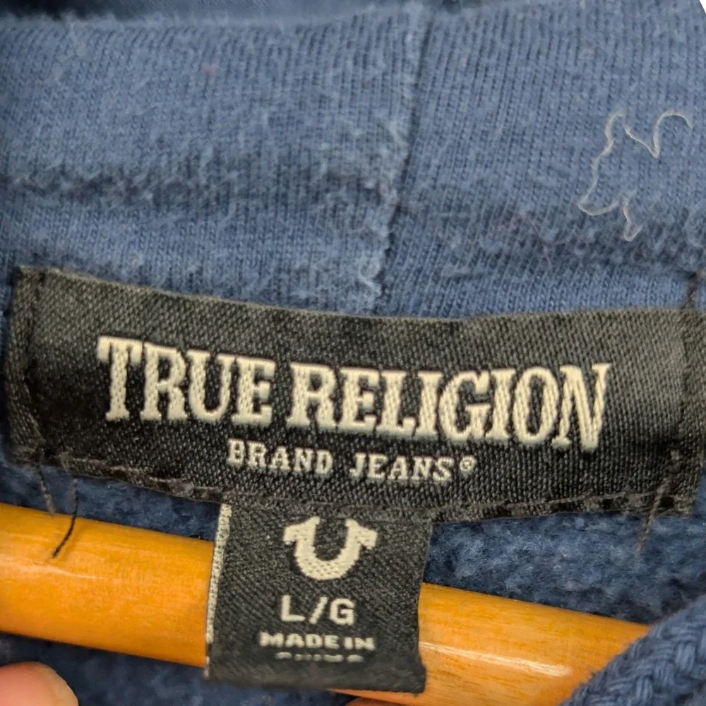 True Religion Hoodie Men's L Navy Blue Fleece Streetwear Relaxed Fit Pullover
